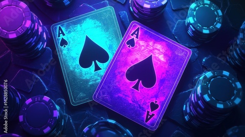 Neon Aces of Spades And Poker Chips