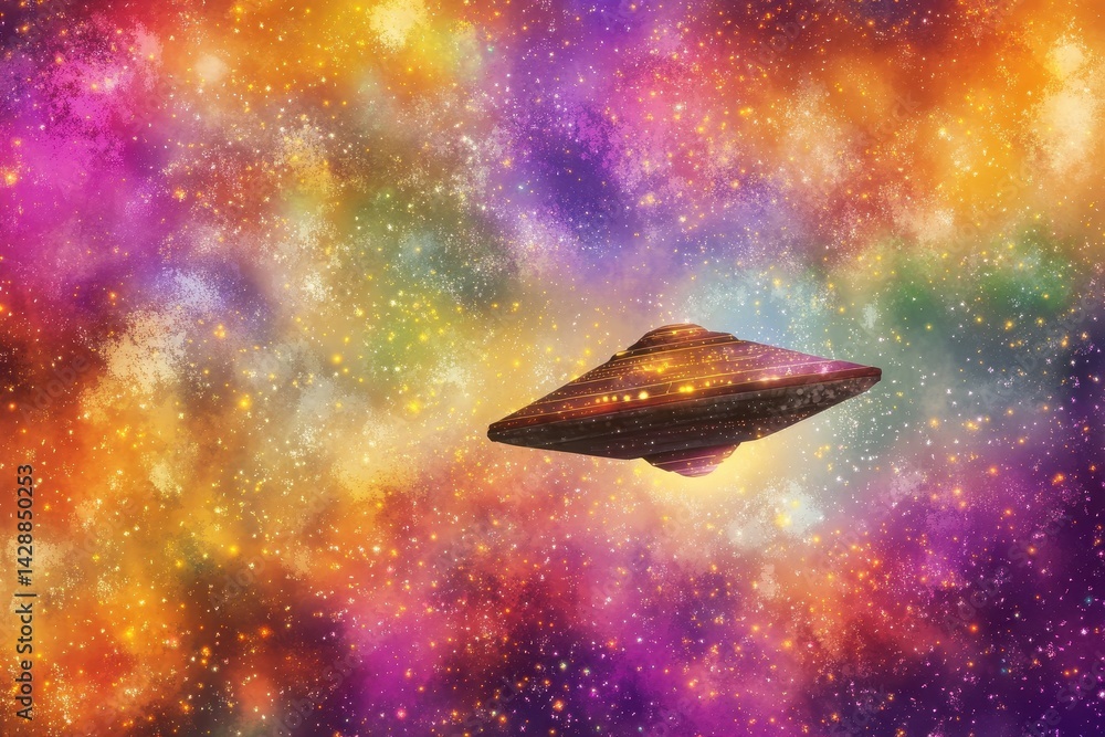 Cosmic spacecraft navigates vibrant nebulae. Cosmic spacecraft navigates vibrant nebulae.