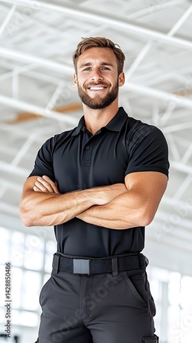 Confident, smiling man in black polo shirt and pants, arms crossed, standing in a modern setting