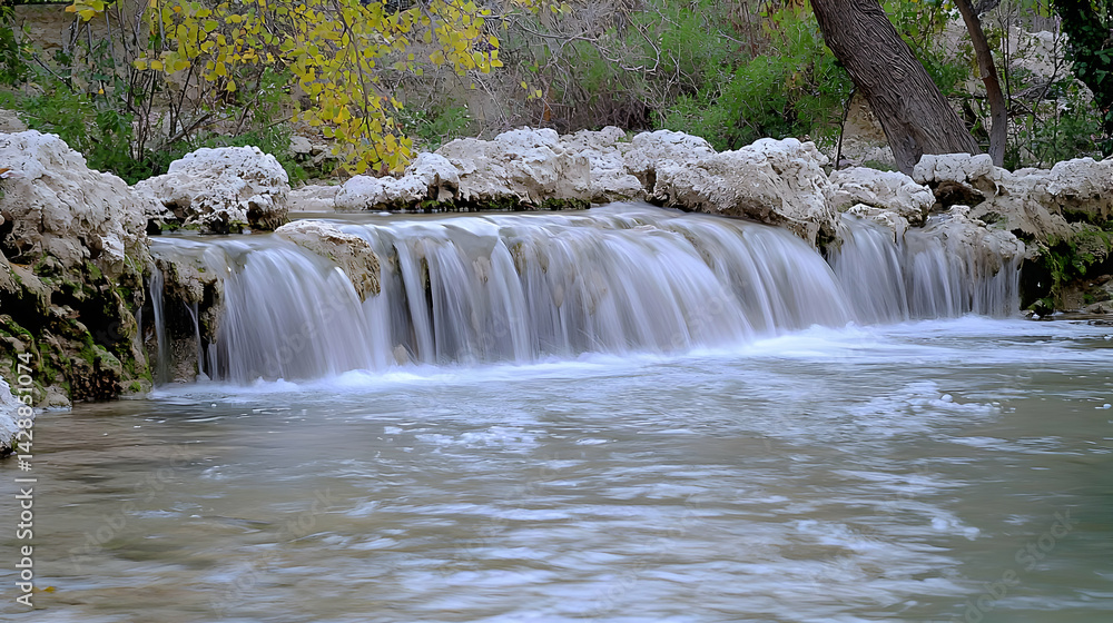 Obraz premium Gentle Waterfall Cascading Over Rocks in a Peaceful Creekside Setting