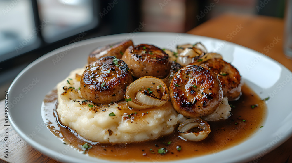 Classic bangers and mash with onions and gravy on a white plate