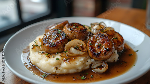 Obraz na płótnie Classic bangers and mash with onions and gravy on a white plate w salonie