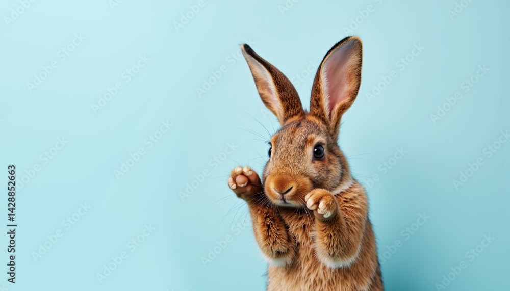 Obraz premium Cute brown rabbit posing against a light blue background 