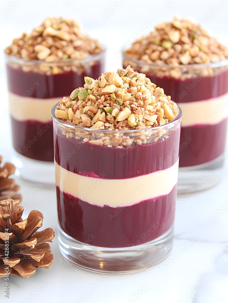 Layered dessert parfaits with berry base, creamy middle, and crunchy topping Layered dessert parfaits with berry base, creamy middle, and crunchy topping