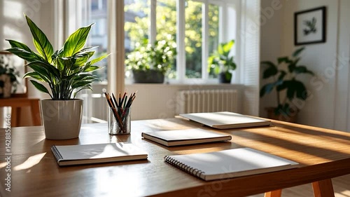 Wallpaper Mural Brightly Lit Wooden Desk With Notebooks Pencils and Green Potted Plant Near Window Torontodigital.ca