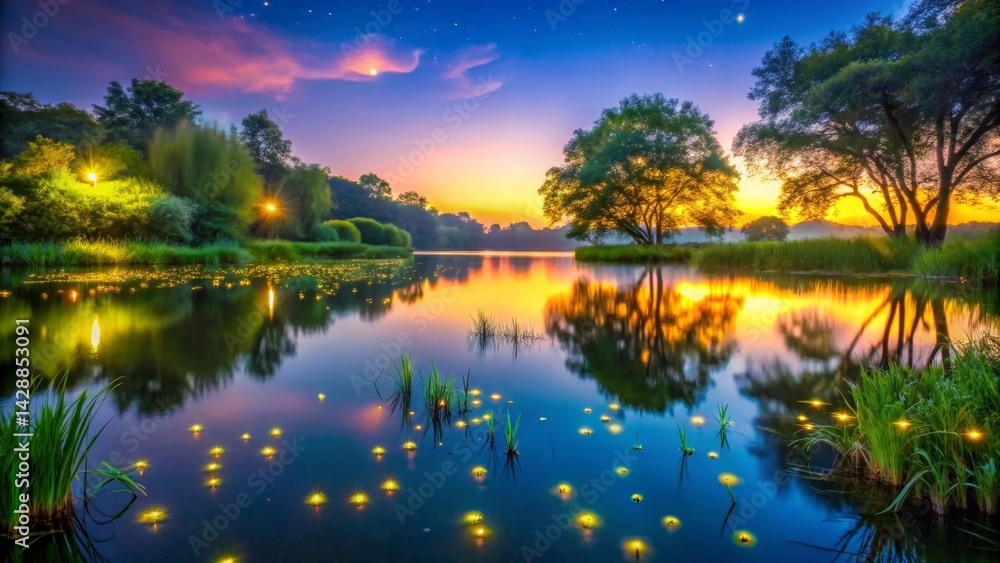 Serene Sunset Landscape Featuring a Calm Lake, Illuminated by Golden Lights Reflecting on the Still Water, Surrounded by Lush Greenery and Majestic Trees Under a Starlit Sky Serene Sunset Landscape Featuring a Calm Lake, Illuminated by Golden Lights Reflecting on the Still Water, Surrounded by Lush Greenery and Majestic Trees Under a Starlit Sky