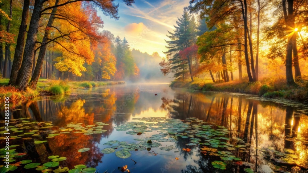 Obraz premium Serene autumnal sunrise over a tranquil river reflecting vibrant foliage, creating a picturesque landscape of golden and russet hues
