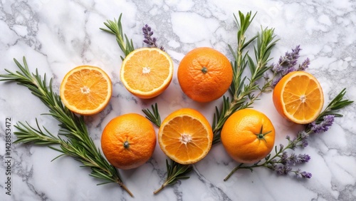 Aromatic Citrus and Herb Composition Whole Oranges, Halved Oranges, Rosemary Sprigs, and Lavender Flowers Arranged on a Marble Surface