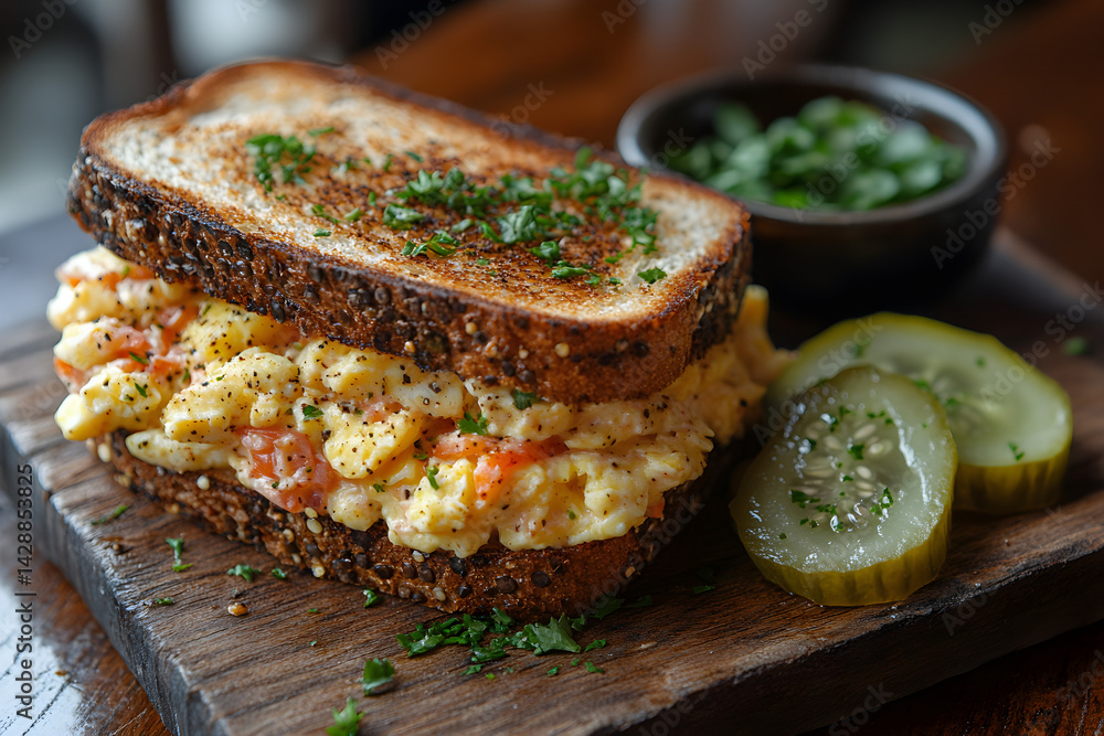 Classic egg salad sandwich with a side of pickle slices