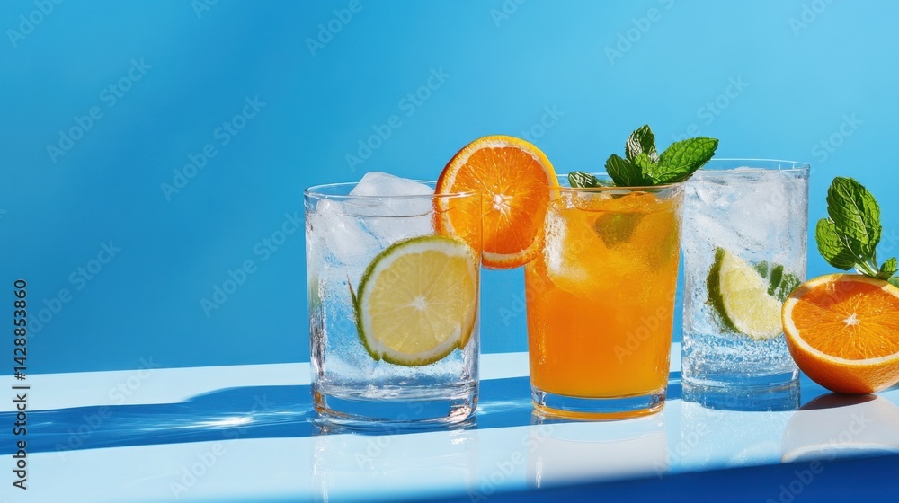 Fototapeta premium Fresh drinks in the sun, orange and ice glistening against vivid blue background