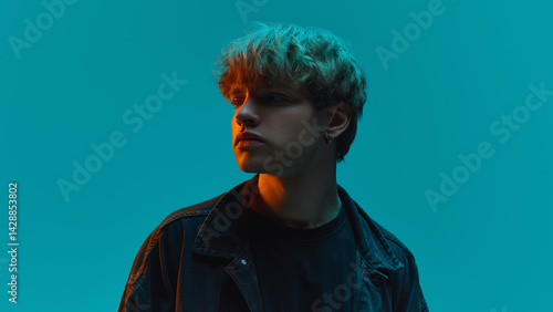 Billede på lærred Close up portrait of young attractive man with curly hairstyle, dressed stylish black outfit posing in bright orange-cyan neon light against teal background