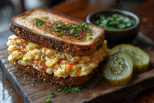 Obraz na płótnie Classic egg salad sandwich with a side of pickle slices w salonie
