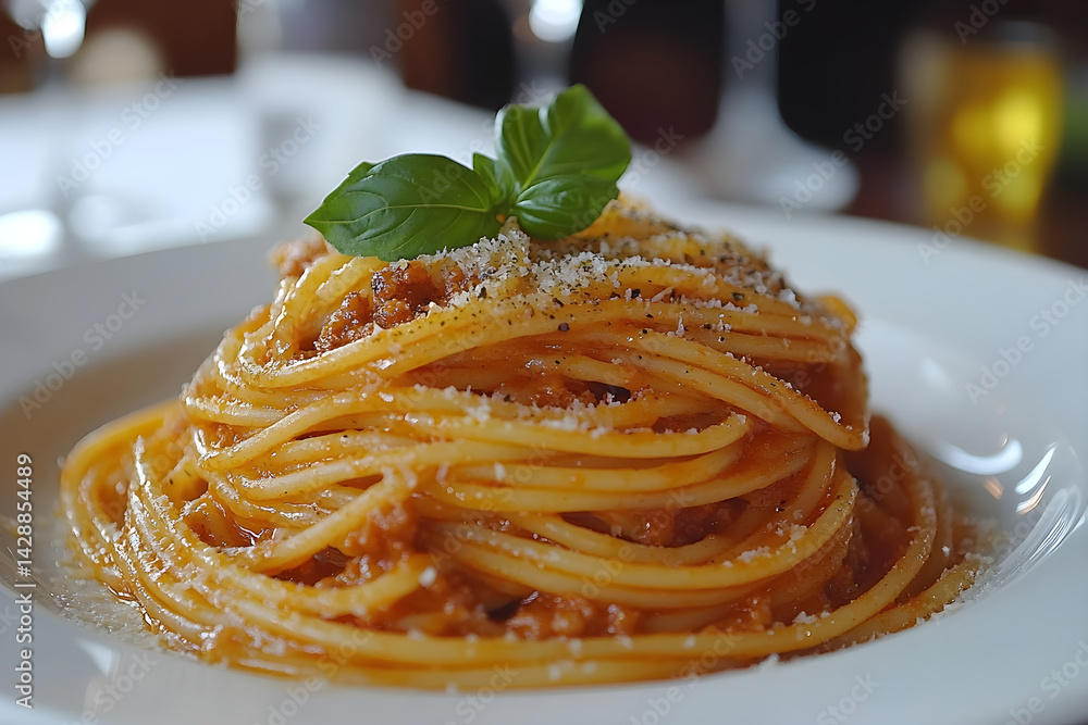 Classic spaghetti with Bolognese sauce and fresh basil leaves