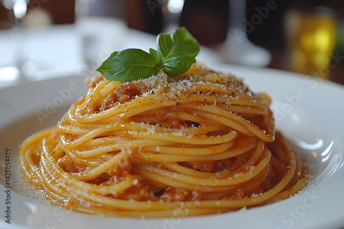 Obraz na płótnie Classic spaghetti with Bolognese sauce and fresh basil leaves w salonie