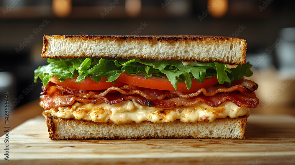 Club sandwich with turkey, bacon, lettuce, and tomato on toasted bread