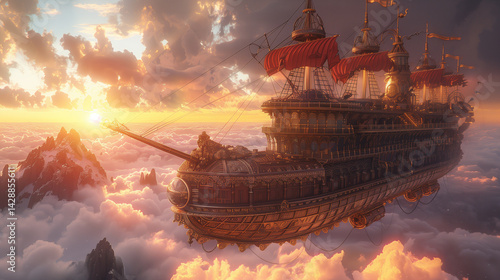 Majestic steampunk airship with red sails flying above clouds at sunrise