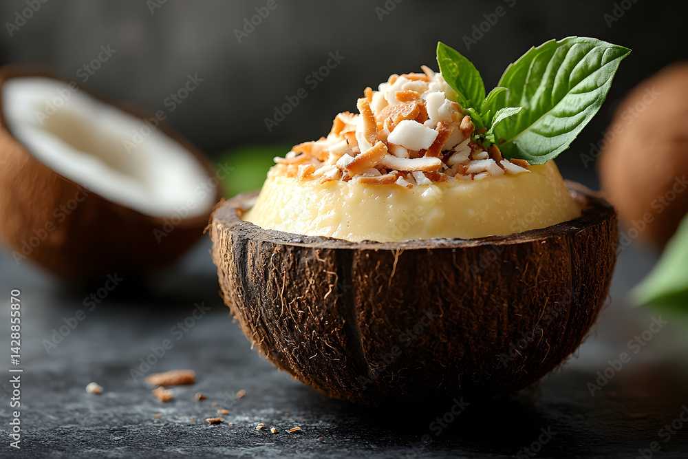 Coconut Pudding styled on dark grey background with clean plating and props