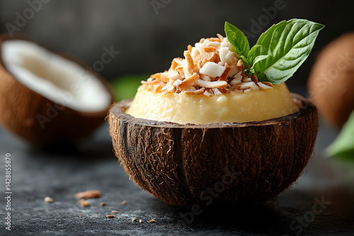 Obraz na płótnie Coconut Pudding styled on dark grey background with clean plating and props w salonie