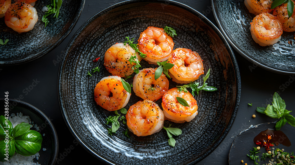 Coconut Shrimp served on dark grey textured plate with fresh garnish top view