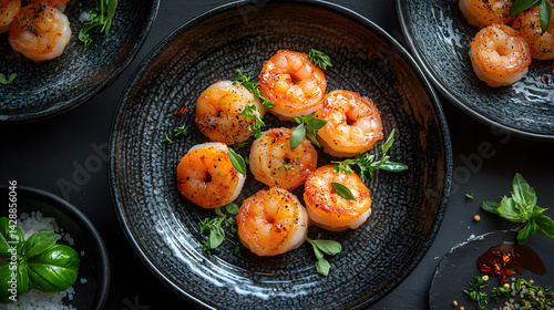 Obraz na płótnie Coconut Shrimp served on dark grey textured plate with fresh garnish top view w salonie
