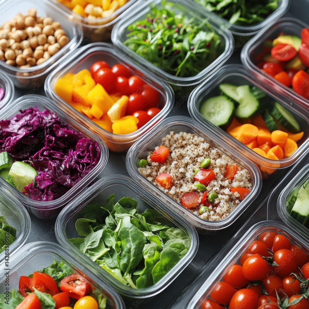 Prepared meal containers filled with colorful vegetables and grains. Healthy, fresh, and portioned Prepared meal containers filled with colorful vegetables and grains. Healthy, fresh, and portioned