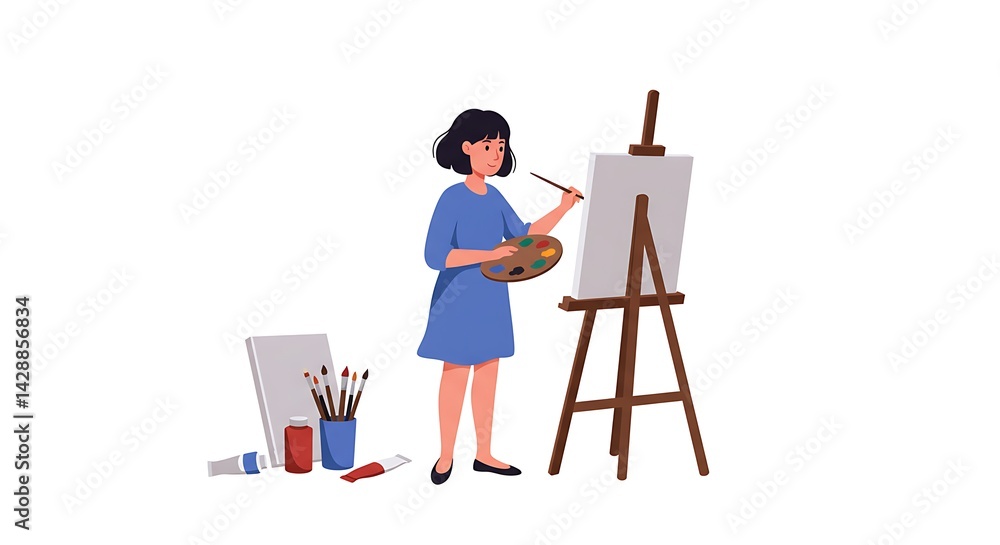 Fototapeta premium A young artist stands gracefully before her easel, immersed in creative expression