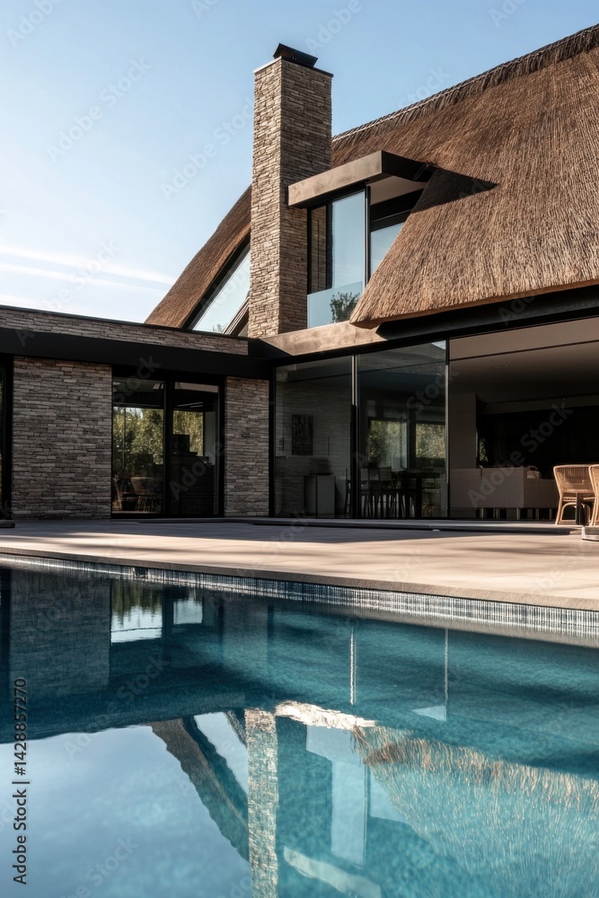Obraz premium Modern house with a thatched roof reflecting in calm swimming pool on a sunny day, showcasing a blend of nature and contemporary architecture