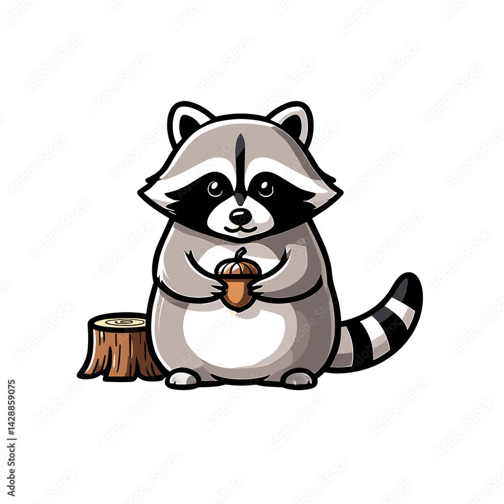 Fototapeta premium Cute raccoon holding acorn on white background