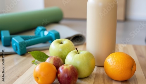 Healthy Lifestyle Essentials: A vibrant collection of healthy lifestyle components is artfully arranged, including a yoga mat, free weight, a refreshing smoothie, and an assortment of crisp fruit.