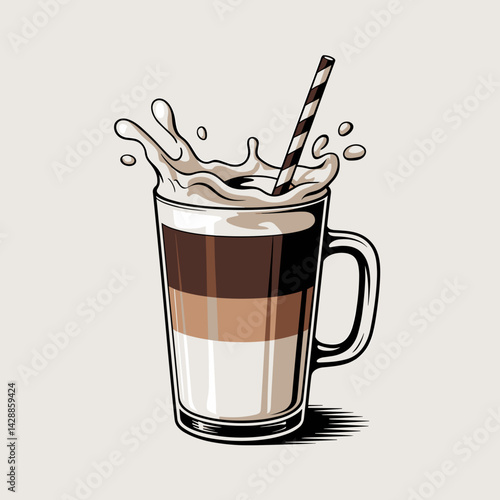 Splashing Coffee Latte in Retro Glass with Straw