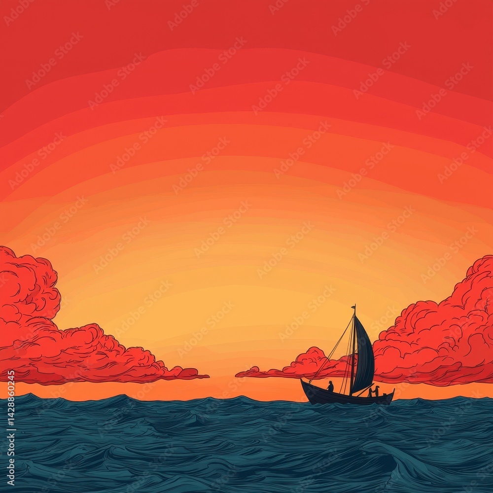 Naklejka premium Silhouette Sailboat at Sunset on Dark Blue Sea