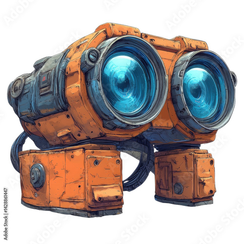 Futuristic Binoculars: A striking illustration of a futuristic pair of binoculars, designed with an industrial aesthetic, showcasing advanced technology and exploration, rendered in vibrant colors.