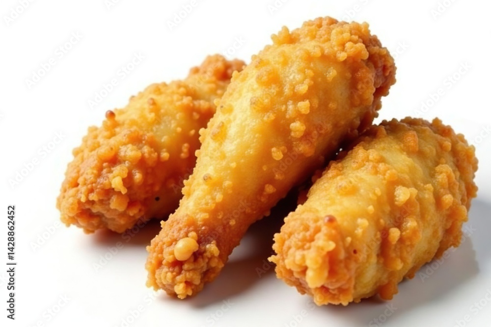 Crispy fried chicken pieces isolated on white, sauce, juicy, drumstick Crispy fried chicken pieces isolated on white, sauce, juicy, drumstick