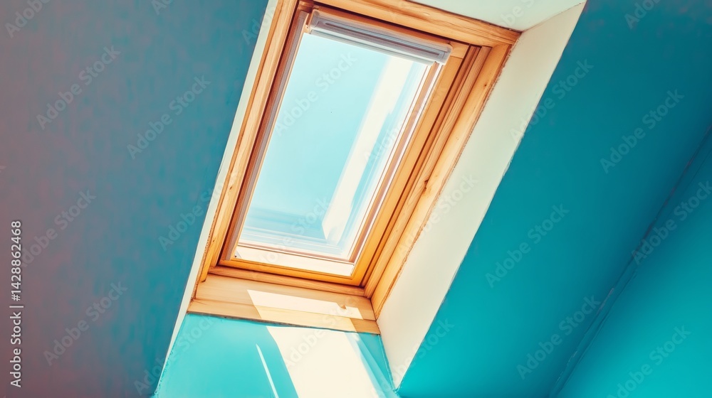 Fototapeta premium Illuminated skylight window framed in natural wood, allowing soft daylight to enter a modern, minimalist interior space. Concept of architecture design, light, clarity, contemporary home aesthetics