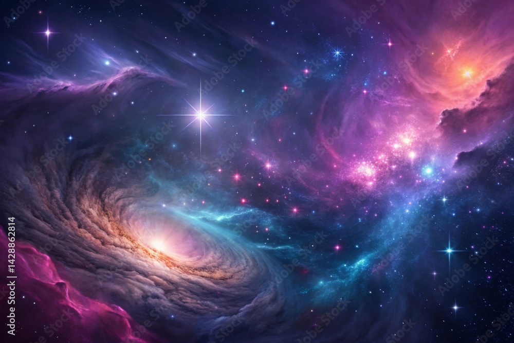 Obraz premium Galactic environment showing the birth of stars inside a textured nebula Vibrant cosmic scene with swirling galaxies and sparkling stars in deep space.