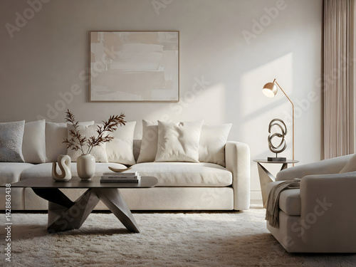 A modern yet cozy space, neutral-toned living room with soft textiles, geometric decor, and sculptural accents. 