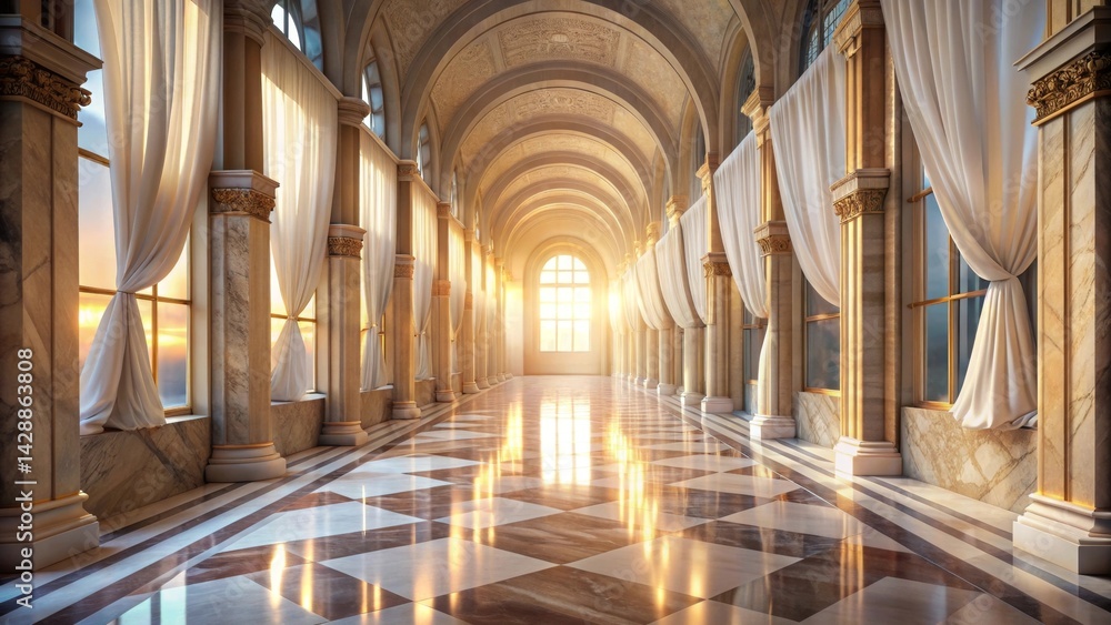 Grandiose Palace Hallway with Sunlight Streaming Through Elegant Drapes and Marble Floors Grandiose Palace Hallway with Sunlight Streaming Through Elegant Drapes and Marble Floors