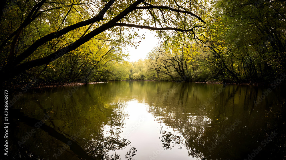 Fototapeta premium Tranquil Forest River Scene With Reflections
