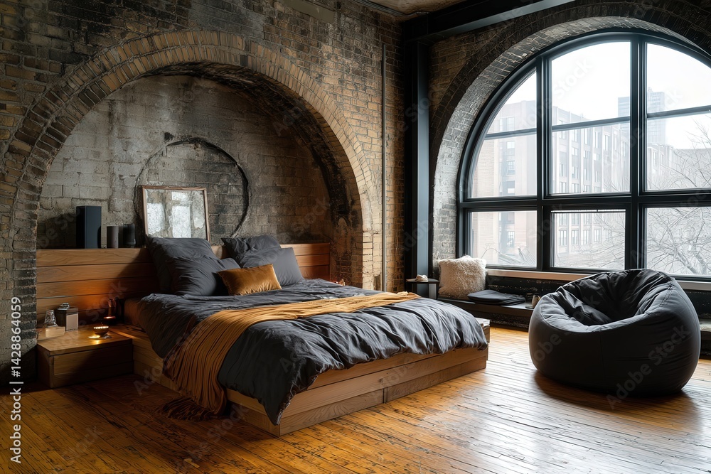 Cozy Industrial Bedroom with Large Window and Rustic Decor