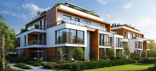 Modern apartment building with white and wood paneling exterior, green roof, large windows with wooden frames, glass balconies, small garden in front of the buildings.