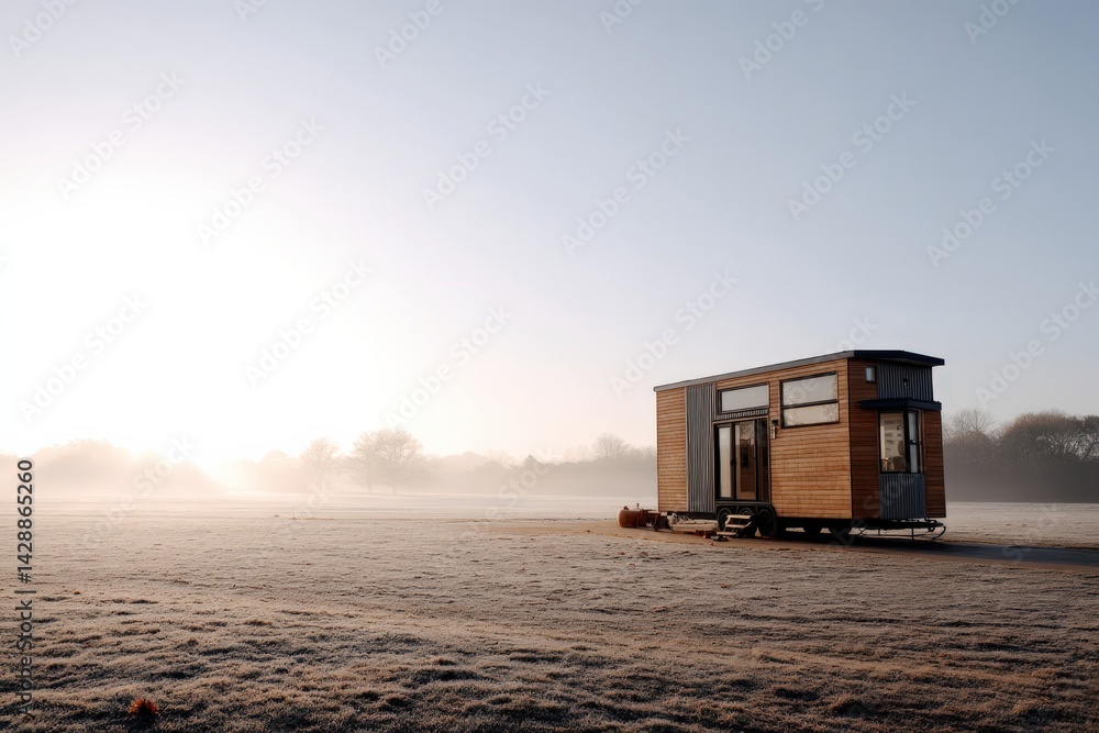 Cozy Tiny House Amidst Frosty Field at Sunrise with Clear Sky