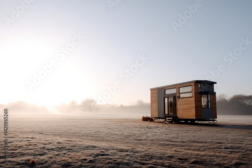 Obraz na płótnie Cozy Tiny House Amidst Frosty Field at Sunrise with Clear Sky w salonie