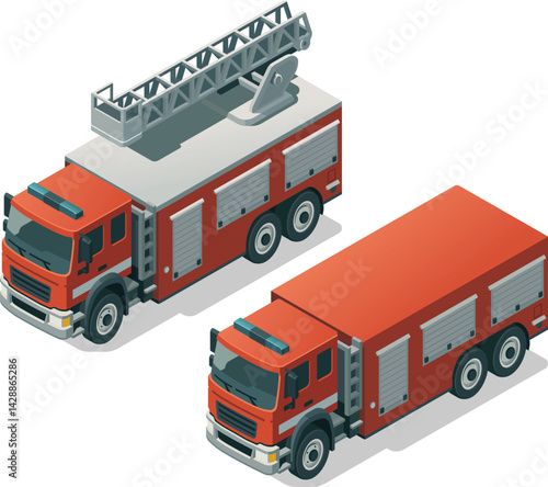 Isometric firefighter truck set - with and without crane