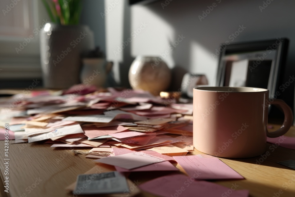 Cozy Workspace with Notes and Coffee Cup on Wooden Table