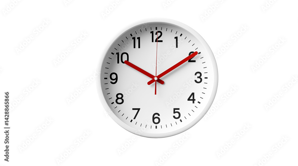 A white round clock with red hands showing the time isolated on transparent background A white round clock with red hands showing the time isolated on transparent background