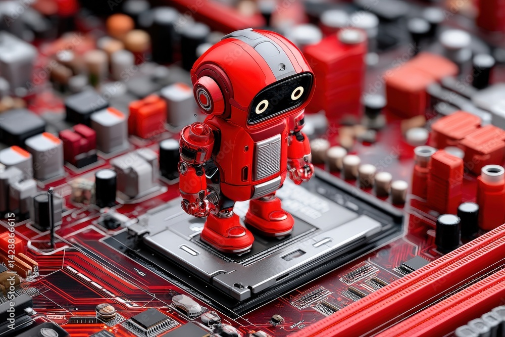 Cute Red Robot on Circuit Board, Technology and Innovation Concept