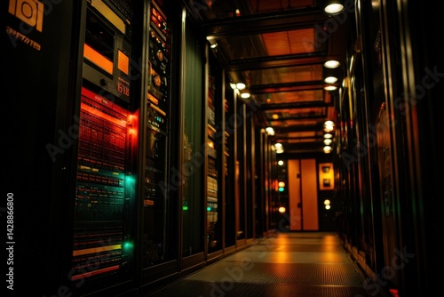 Obraz na płótnie Dark Corridor of Computer Servers with Glowing Lights and Cables w salonie