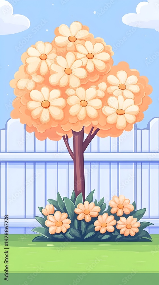 Obraz premium Blooming flower tree in a garden next to a white fence