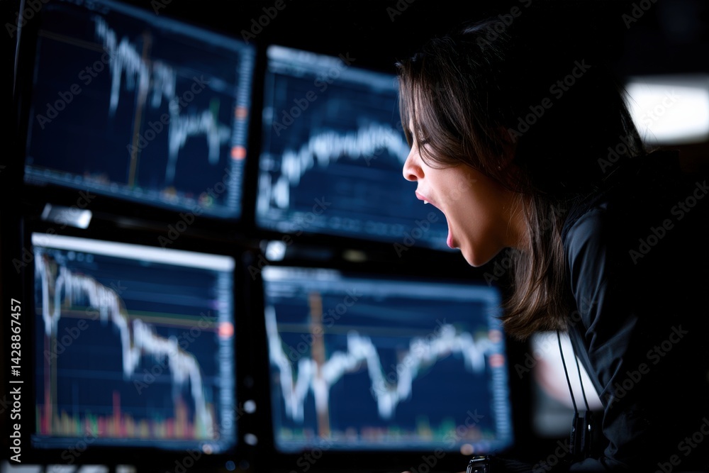 Desperate Trader Expressing Frustration in Front of Stock Charts