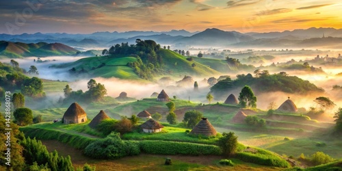 Wallpaper Mural Sunrise Mist Shrouds Picturesque Hillside Dwellings in a Serene Valley Landscape Torontodigital.ca
